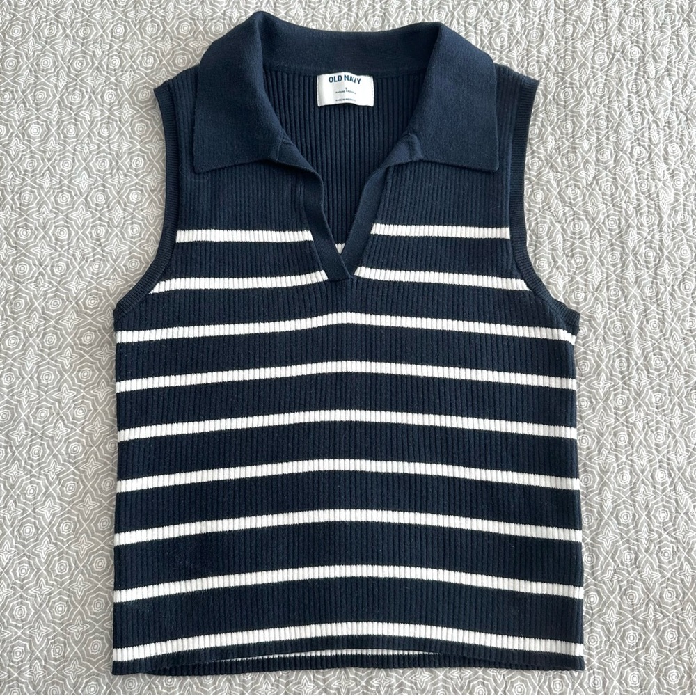 Old Navy Sleeveless Rib-Knit Striped Cropped Polo Collared Top Navy White Size L - Picture 8 of 12